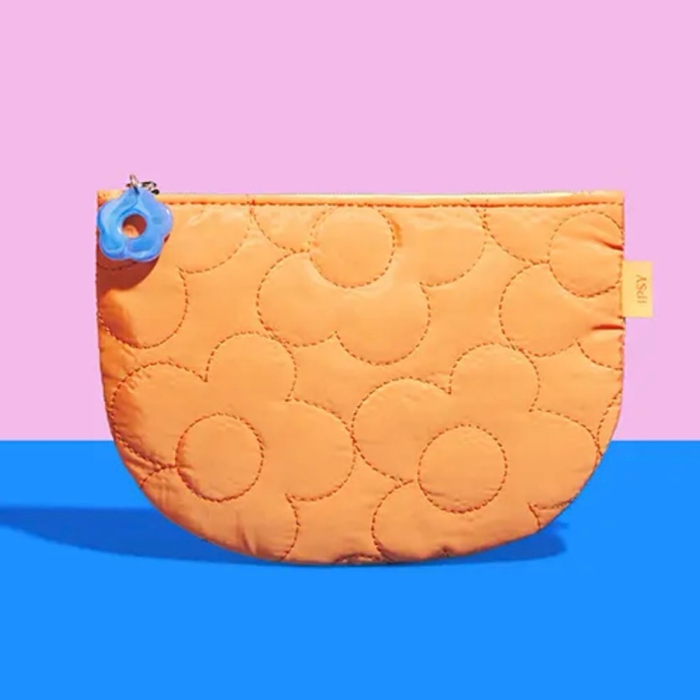 IPSY APRIL 2025 GLAM MAKEUP BAG Orange Quilted Floral Blue Flower Zipper Pull